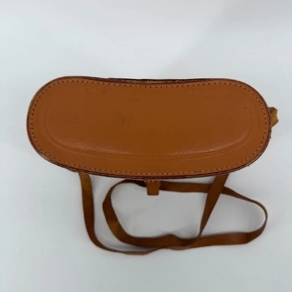 Vintage Tan Leather Hard Shell Binocular Case Purple Velvet Lined Crossbody Bag